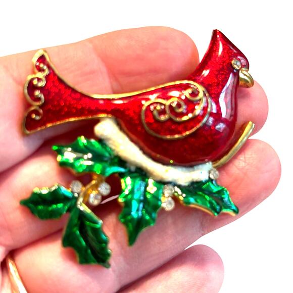 Vintage Christmas brooch festive red enamel Cardinal holiday pin KC hallmark - Picture 8 of 8